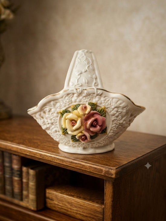 The Unbranded Brand Other - Porcelain Flower Basket with Hand-Applied Roses - Cream